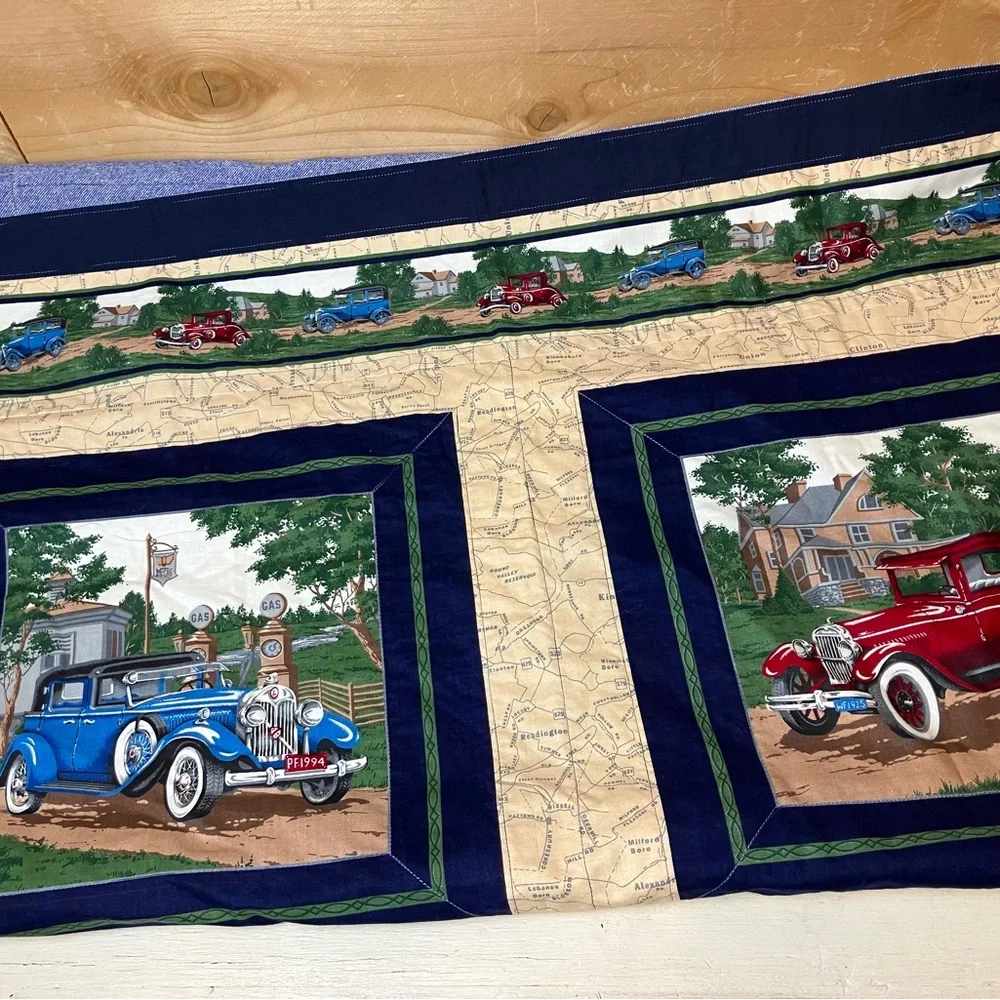 Classic Vintage Car Quilted Throw - Handmade- Panel Design Baby Quilt